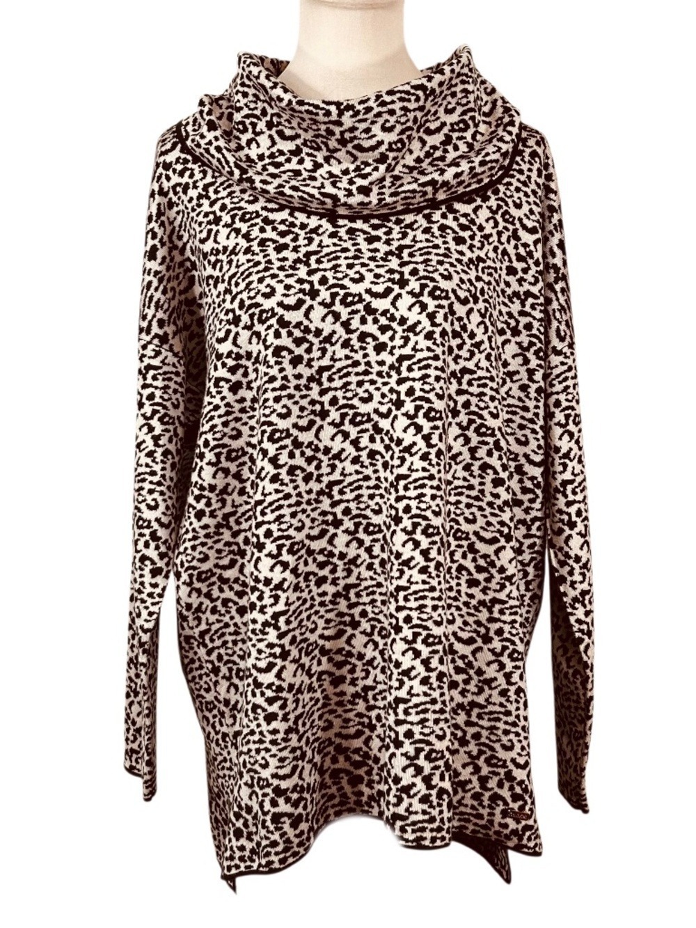 Calvin Klein Leopard Print Cowl Neck Long Sleeve Tunic Sweater Size XL